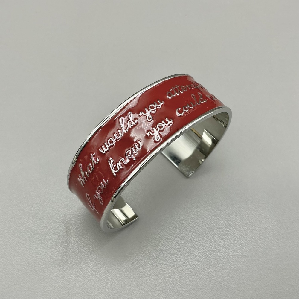 Rustic Cuff Bracelet Red Enamel Script Inspirational Quote Silver Tone Cuff 6.5"